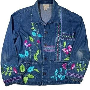 Coldwater Creek Women's‎ Denim Jacket Embroidered Floral Boho Button Up Cotton